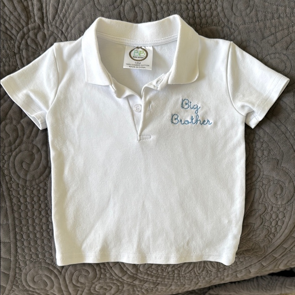 White Toddler Polo Shirt with Embroidered Big Brother Text
